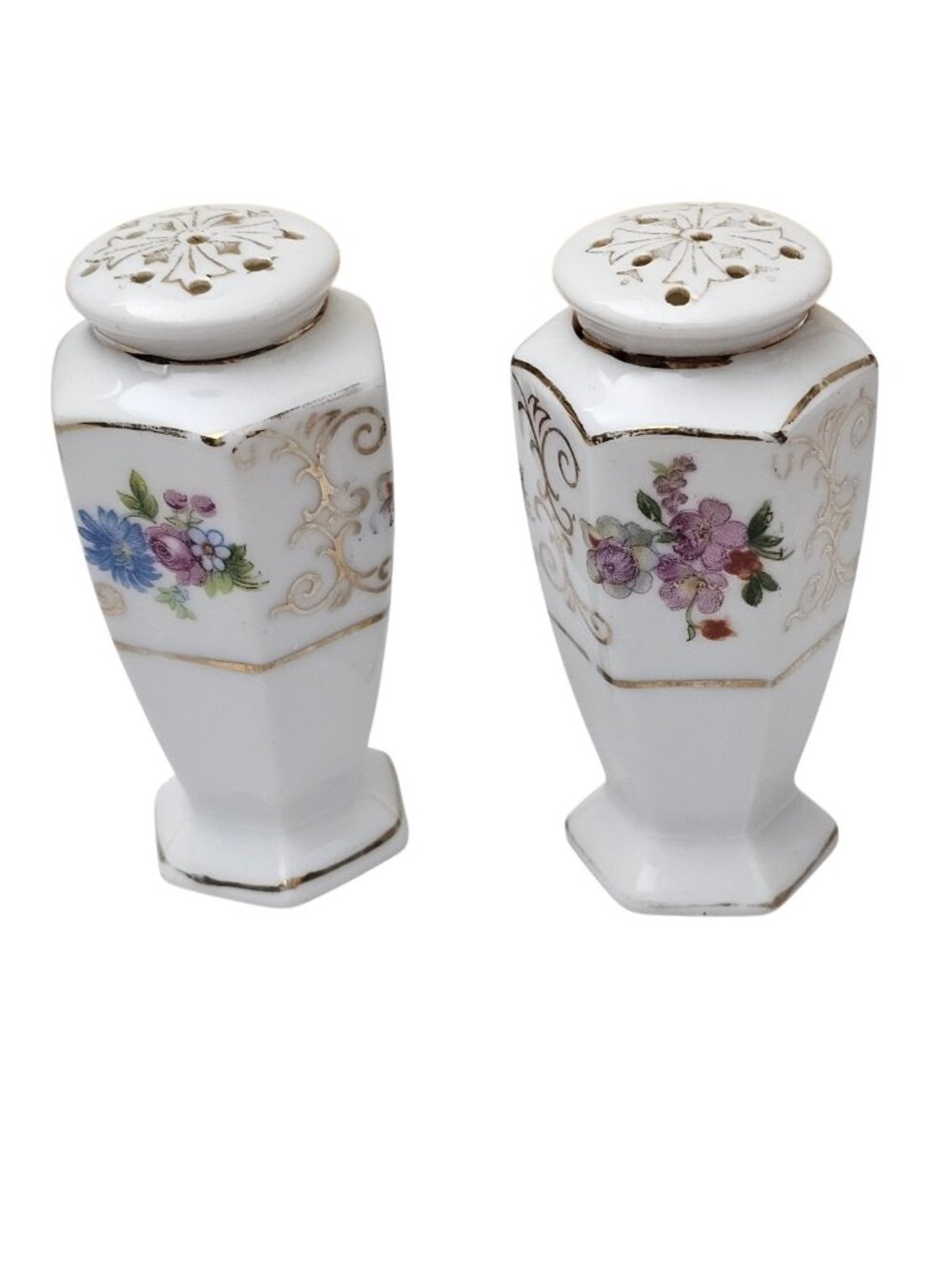 Vintage JAPAN Floral Hexagon CHIKARAMACHI 3.5" Salt Pepper Shakers Gold Scrolls - Picture 2 of 8